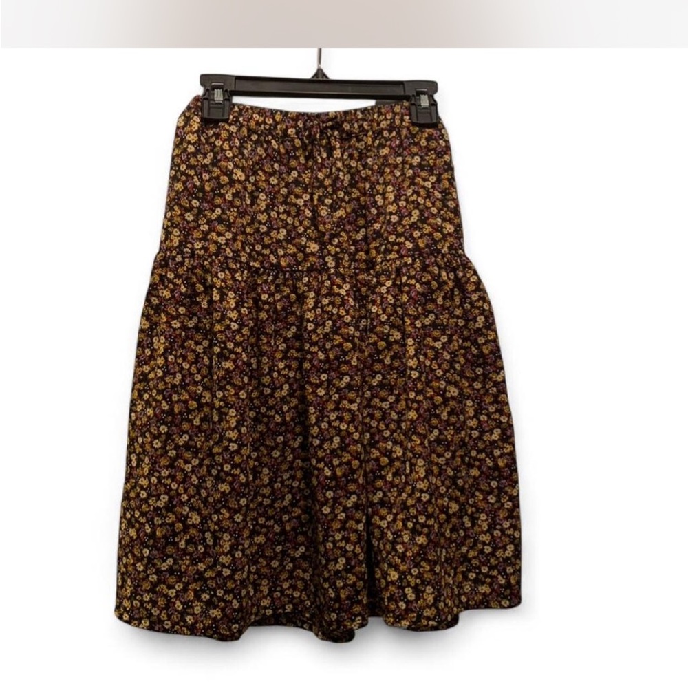 Fairy Boho Zara Black and Mustard Floral Tiered Midi Skirt size 8
